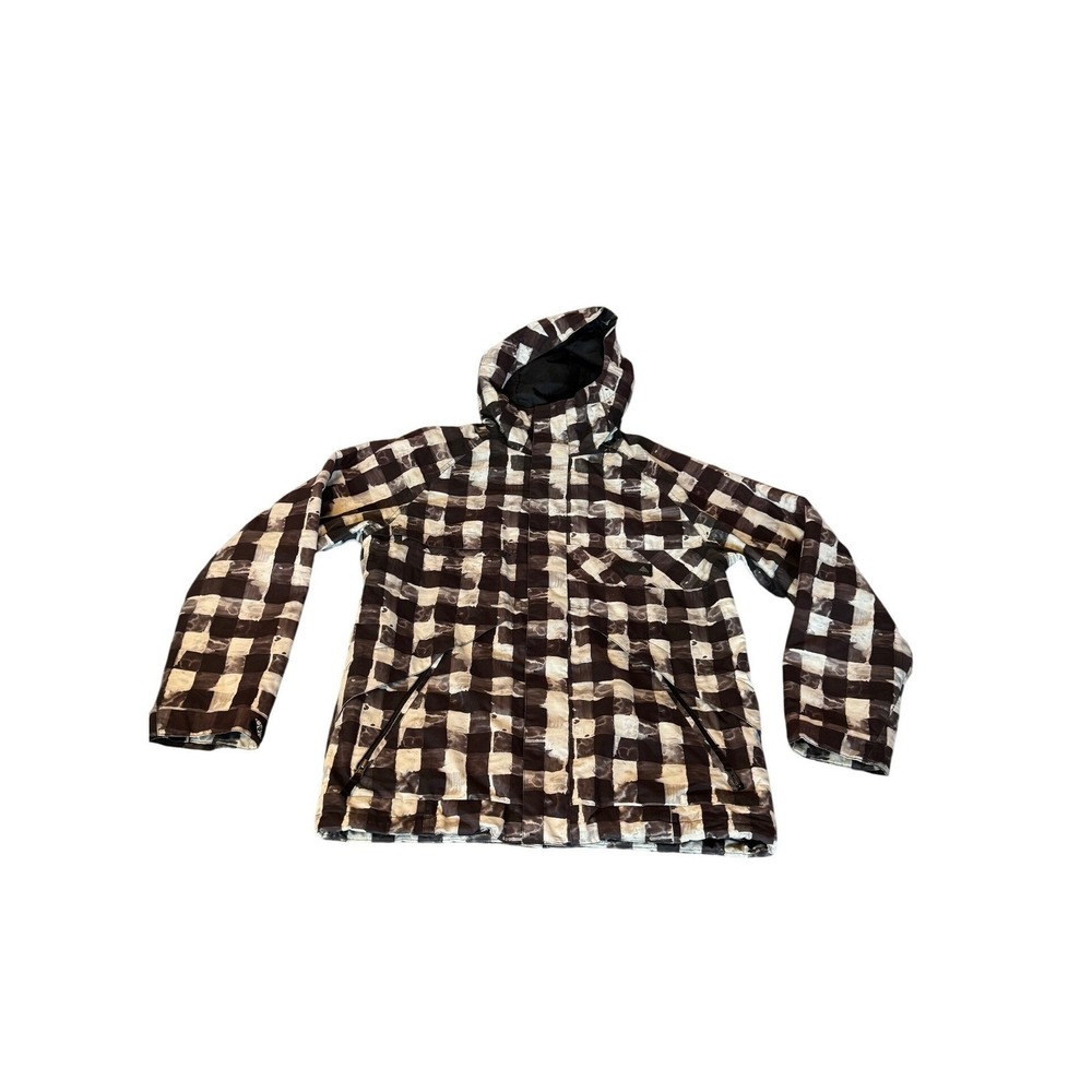 Burton Mens Snowboard Jacket Black White Checkerboard Hooded‎ Full Zip Medium